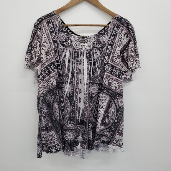 One World Womens Embellished Short Sleeve Top Blouse Size 1X Crochet Back Detail - Picture 3 of 15